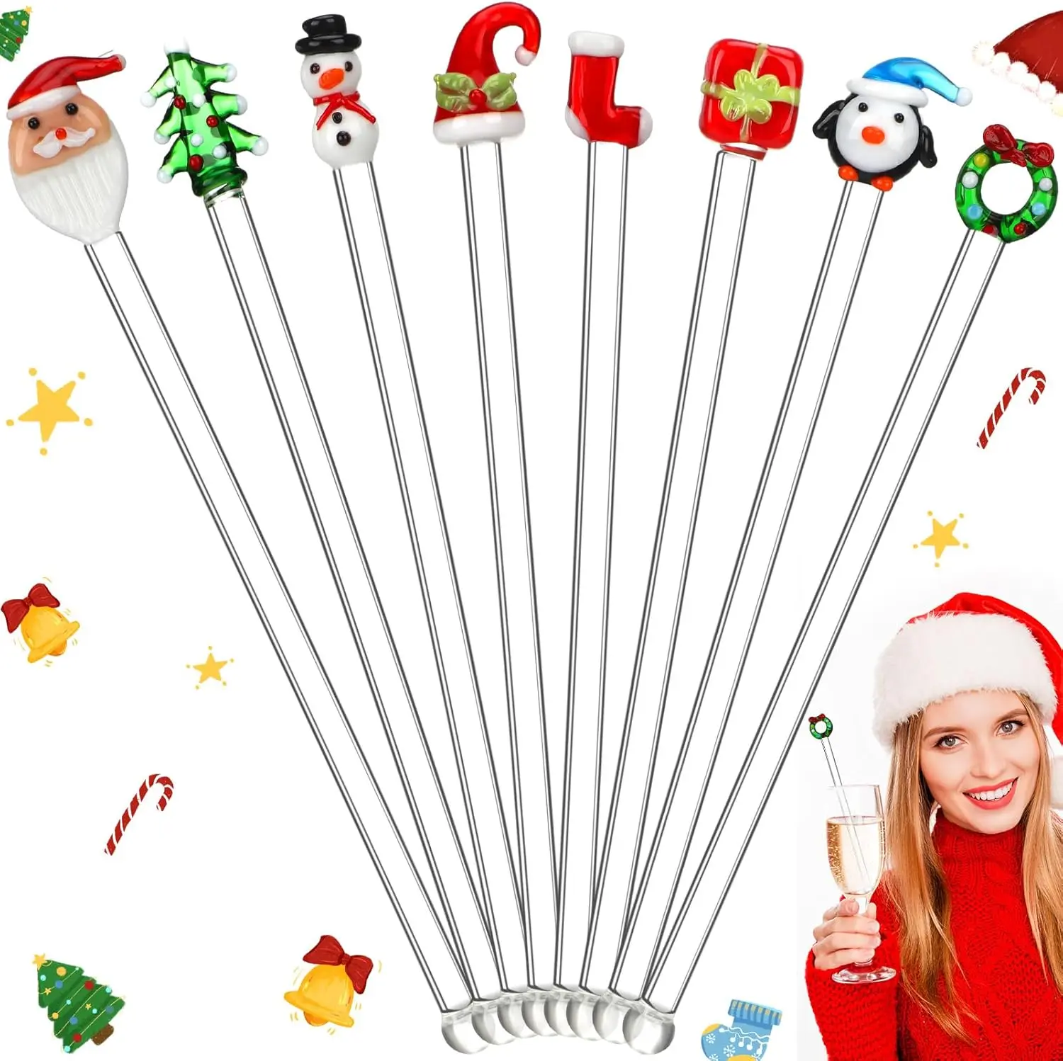 8 count Christmas Glass Swizzle Sticks Xmas Cocktail Stirrers Snowman Santa Claus Candy Transparent Glass Stir Sticks Reusable Stirring Rod for Drinks Coffee Holiday Party Bar(Classic Style)