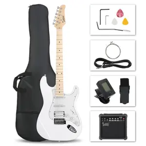 Glarry GST Right-Handed Electric Guitar Kit for Beginners - S-S-H Pickups, 20W Amplifier, Basswood Body, Adjustable Guitar Strap, Silent Practice, Gig Bag, Picks (White)