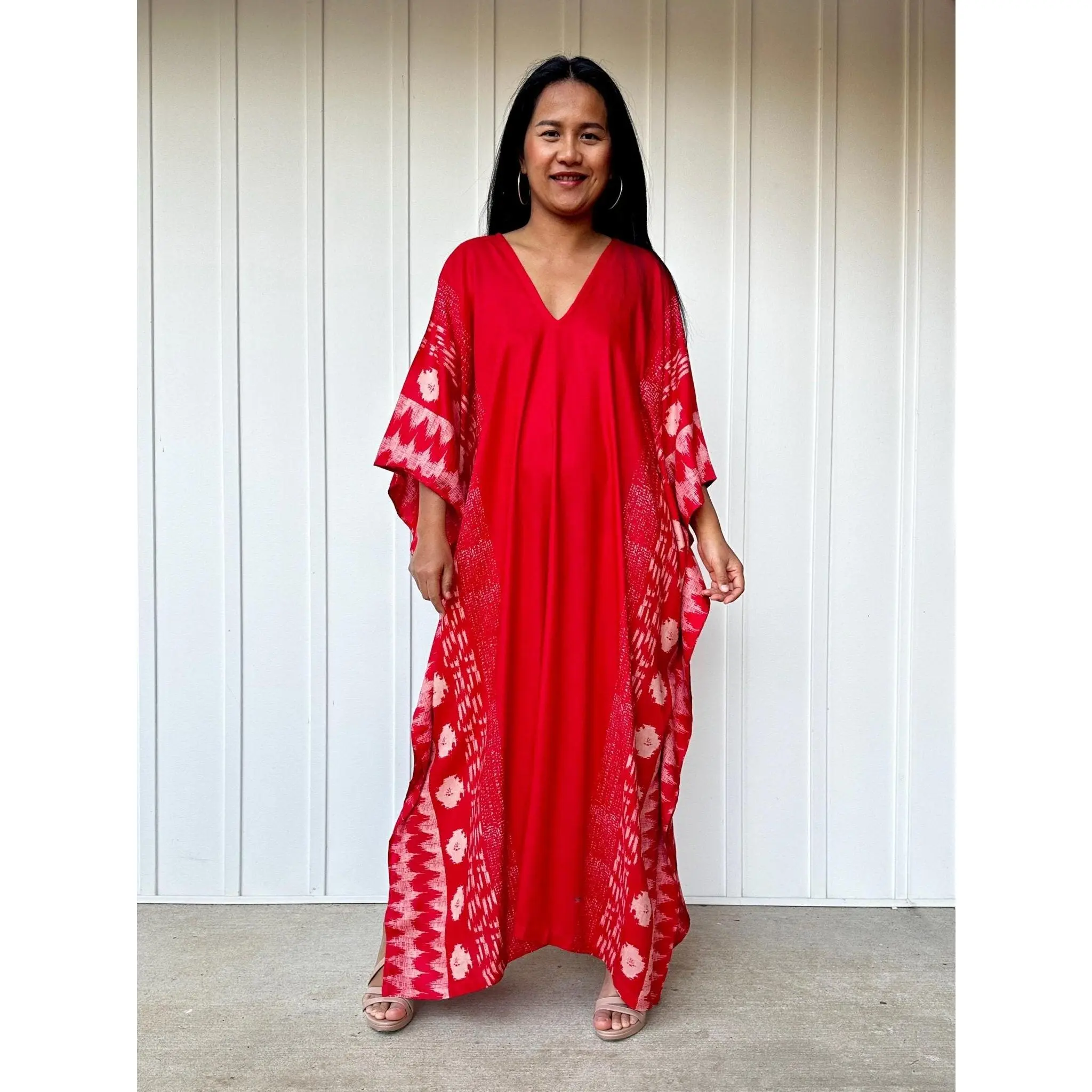 Women's Red Rayon Chic Relaxed Kaftan - Hand-Printed Graphic Tunic, Elegant V-Neck, Mala Drape, Casual Modest Islamic Wear for Daylight, Evening, Easy Wear, Easy From Daylight, 45 In, Cut In 100% Quality Rayon, Daytime Plans, Keep It Easy From Daylight