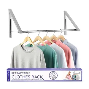 Double Foldable Clothing Rack w/ Extension Rod, Wall-Mounted Retractable Clothes Hanger for Laundry Dryer Room, Hanging Drying Rod, Small Collapsible Folding Garment Racks, Dorm Accessories (Black)