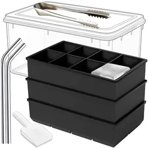 3-Pack Large Silicone Ice Cube Trays with Bin, Scoop, Tongs & 2 SS Straws – Easy Release Ice Maker for Whiskey, Cocktails, Coffee (Black)