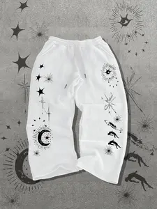 Men's Casual Loose Fit Wide Leg Sports Pants, Relaxed Sweatpants, Dark Mystery Star Moon Print, Y2K Retro High Street Style, Long Drop-Shoulder Sweatpants