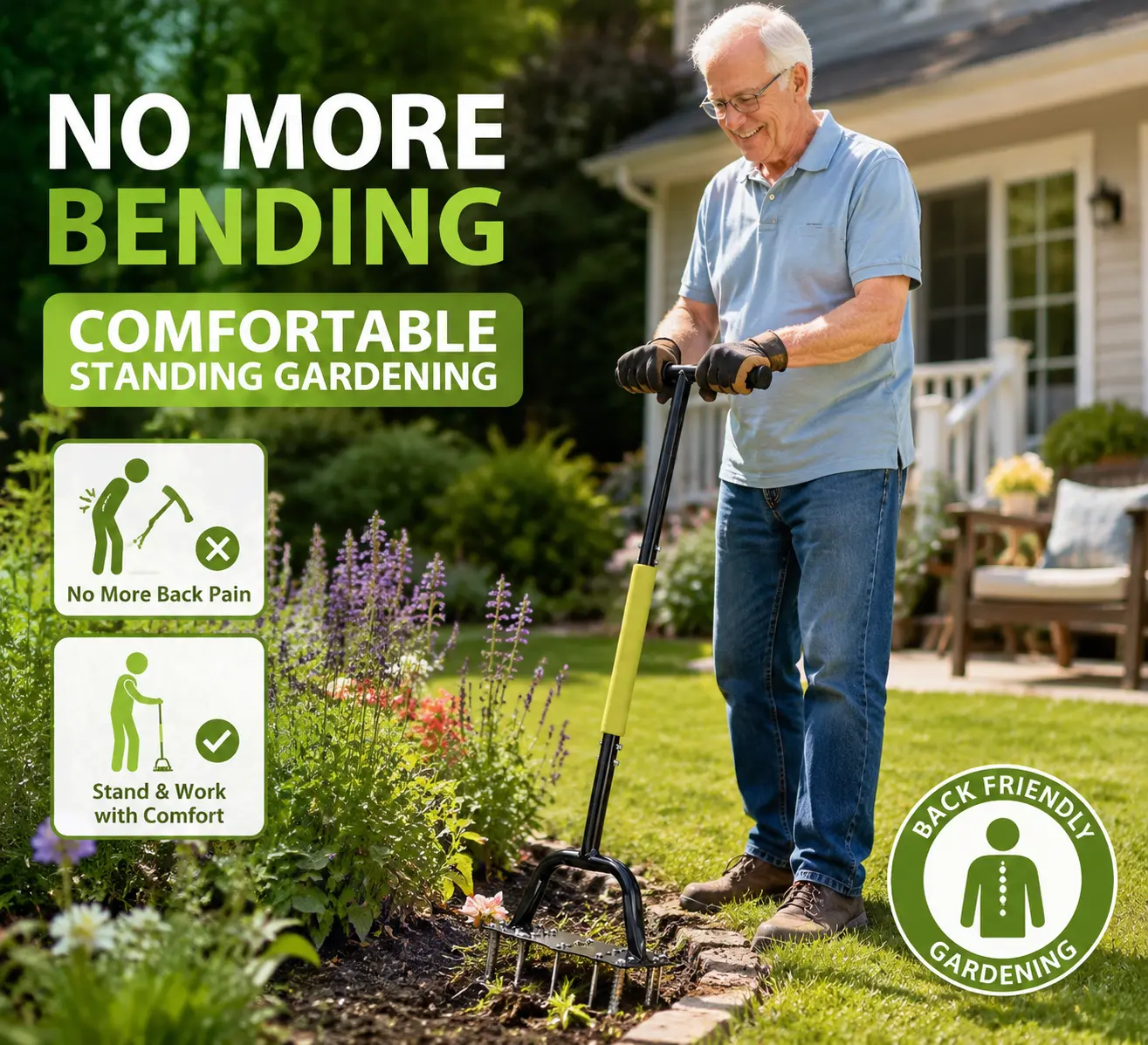 CHUNTAO Manual Lawn Aerator Tool, Heavy-Duty Spike Aerator with 16 Iron Spikes, Long Handle Footplate Spring Base Tool for Soil Compaction, Grass Root Care, Backyard Maintenance, Manual Aerators