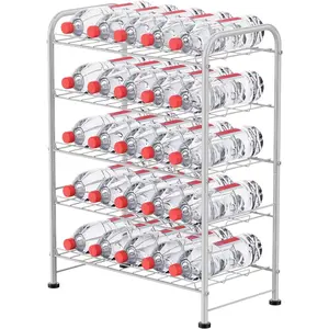 5 Tier Water Bottle Organizer Small Water Bottle Holder Stand Freestanding Metal Bottled Water Rack Dispenser For Kitchen,Pantry Organization and Storage, Silver