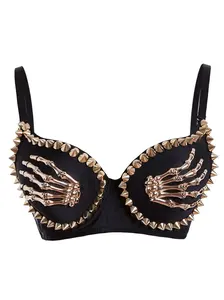 BLACK 1960S GOTHIC PUNK SKELETON HAND RIVET TOP Spaghetti Strap Sleeveless Bandeau