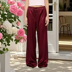 Women's Satin Solid Color Loose Trousers - Elegant Elastic Drawstring Waist Pants for All Seasons, Smooth & Comfortable Bottoms for Office & Evening Looks