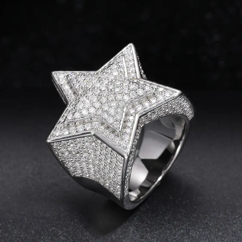 【R46 live2】UCCIYO S925 Five Star Synthetic Moissanite Men Rings 925 Sterling Silver Ring UCCIYO VVS Round Synthetic Moissanite  Hip Hop Jewelry【R46 live2】