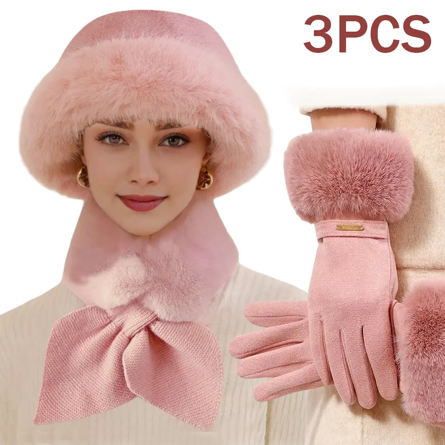 3-Piece Winter Warm Set, Furry Warm Hat, Matching Gloves & Scarf Hat Set, Windproof and Thick, Ideal for Outdoor Activities, Perfect Christmas & Autumn/Winter Gifts