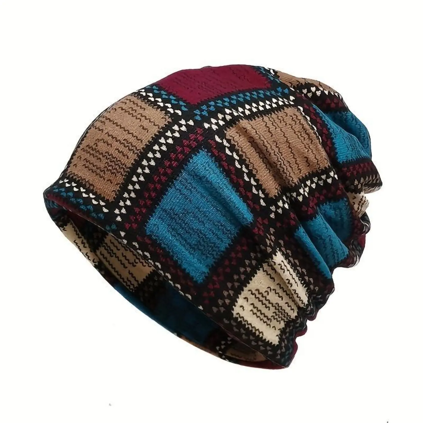 Unisex 2-Piece Vintage Printed Slouchy Knit Set - Knit Hat, Color Block Skull Cap, Windproof Neck Gaiter for Autumn Winter Warmth, Knitted Cap, Slouchy Beanie, Windproof Warmth, Unisex Style, Elastic Fit Hold, Casual, Female, Windproof Gaiter