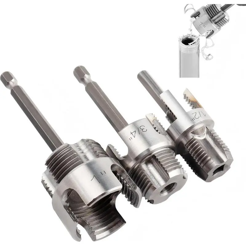 3-Piece Dual-Function Internal & External Pipe Threading Tool Kit, Electric Drill Compatible, for 1/2"-1" PVC/Plastic Pipes, Includes Oxygen Sensor Wrench,father'sdaygifts