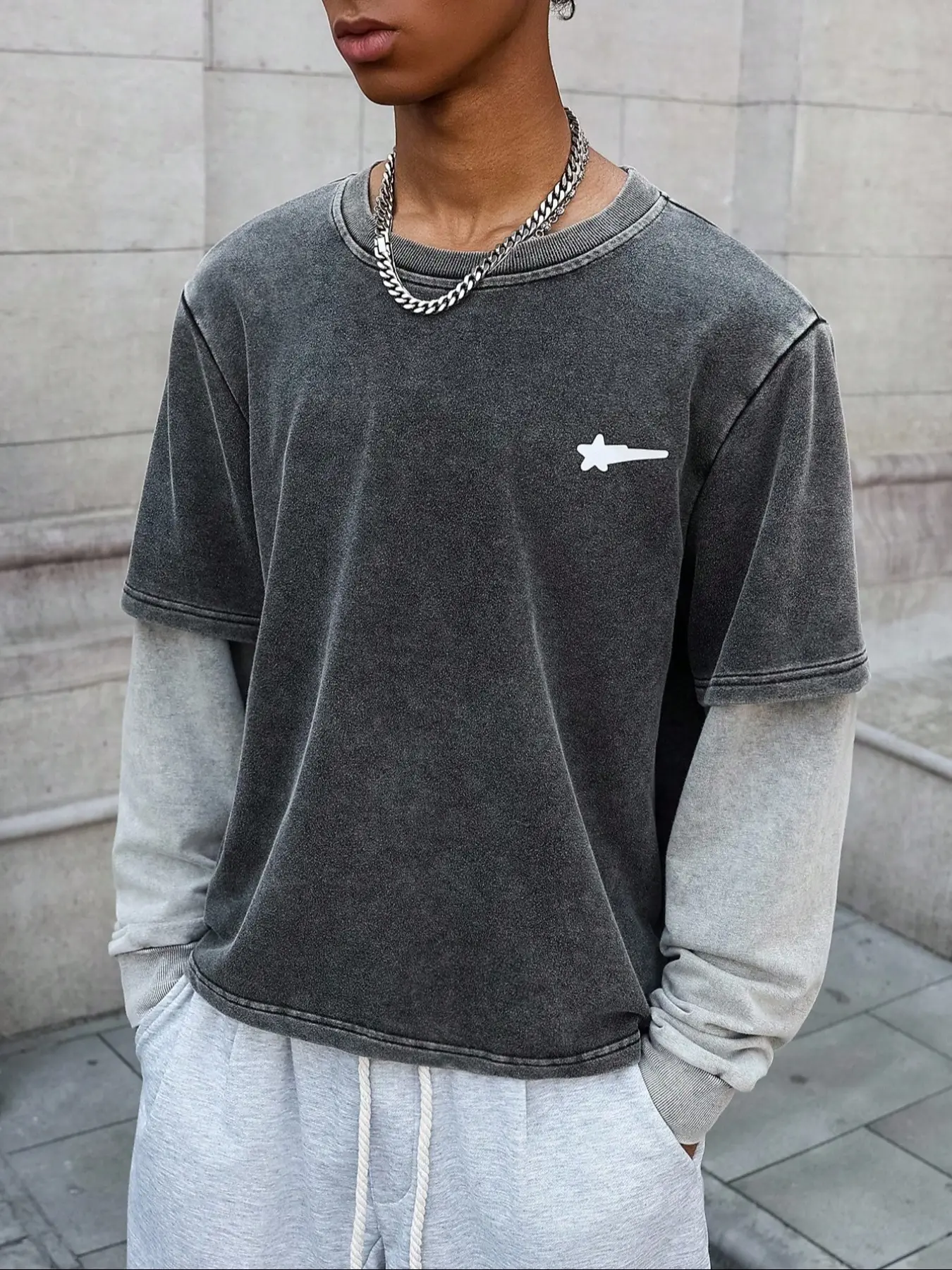 Men's Simple Round Neck Knit Sweatshirt, Chest Graphic Patchwork Design, Short Casual Style Two-Piece Set, Block, Daily Wear, Tops