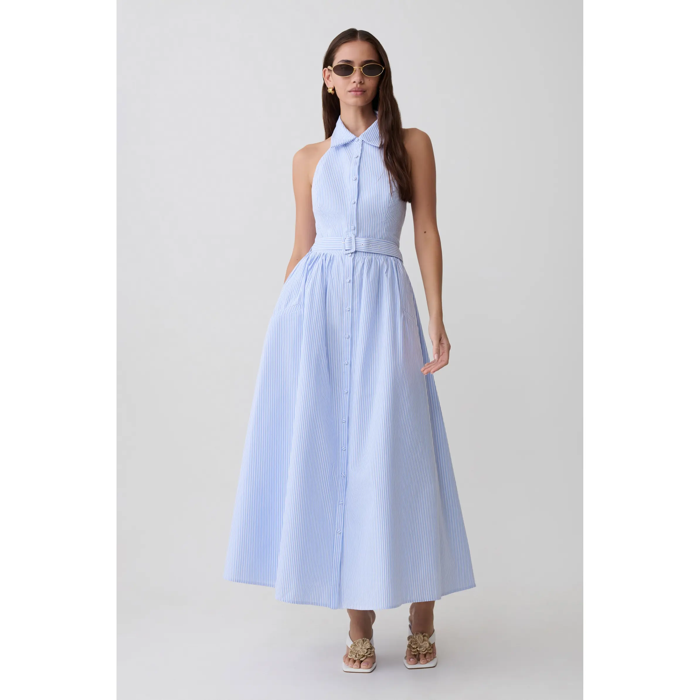 Cindy Collared Midi Dress - Blue Pinstripe