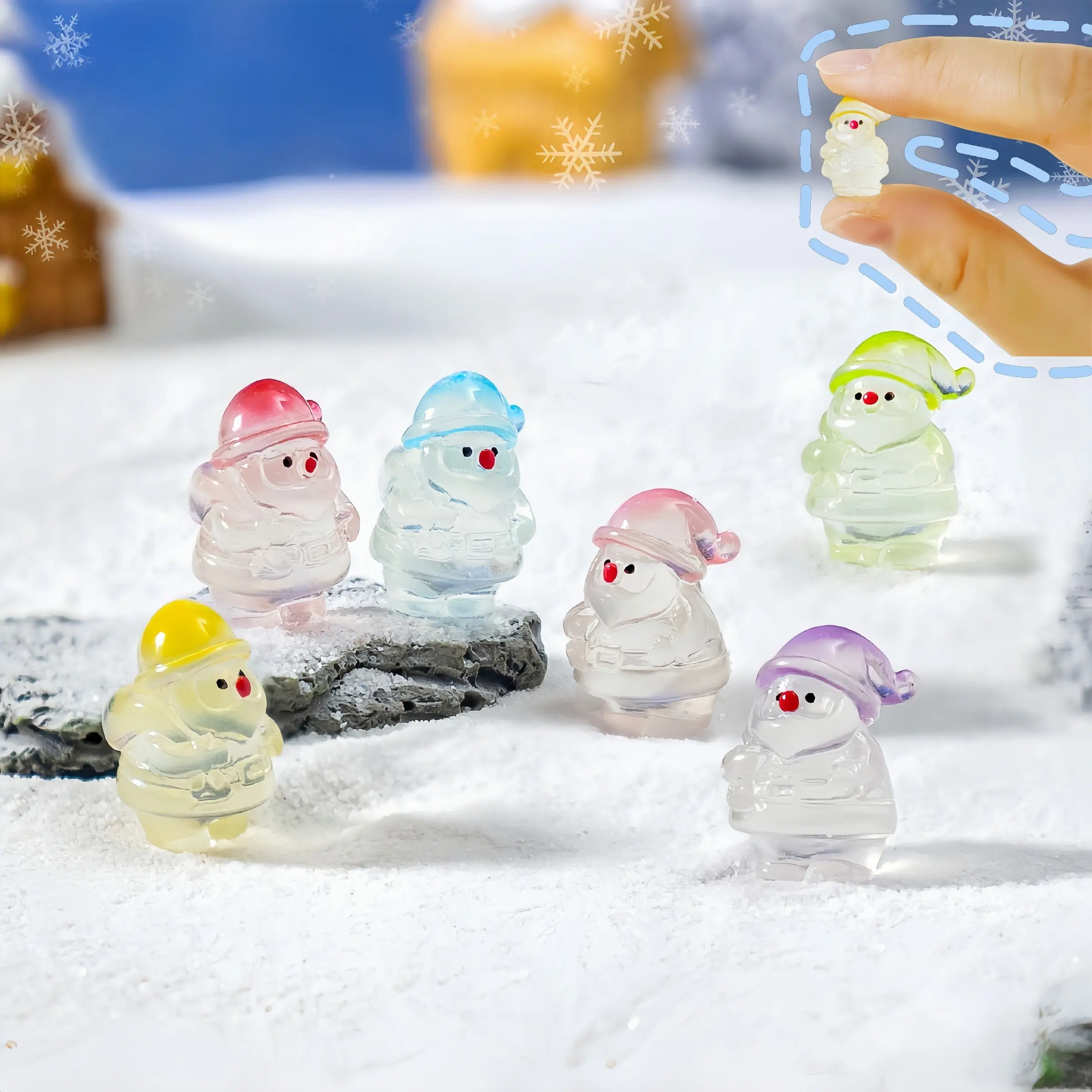 Glow in The Dark Christmas Santa Figurines, 12/24PCS Mini Cute Santa Decor with Snow Scene, Novelty Party Favors, DIY Miniature Models, Home Desk Decorationz,Multi-functionalz, Resin Ornament, Christmas Decorations