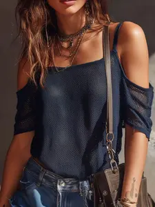 Boho One-Shoulder Knit Top for Women, Summer Autumn Blue Sheer Sleeveless Sweater, Casual Party, Soft Breathable Mesh Knitwear