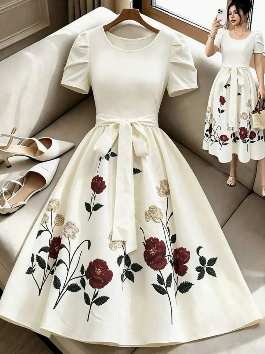 Floral Print Midi Dress - Elegant Puff Sleeve Vacation Style for Women