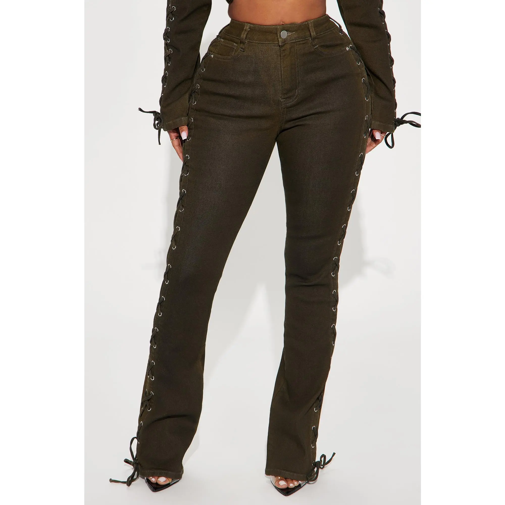 Take Notes Lace Up Stretch Bootcut Jeans - Olive