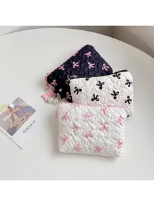 1pcs Cute Ruffled Square Travel Cosmetic Bag with Bow Mini Lipstick Pouch Bow Pendant Zipper Design Portable Storage for Small Items Daily Travel Gift for Women Mother's Day Valentine's Day