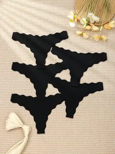 Women's Plain Low-Waist Bikini Set, 5-Pack Seamless Comfortable Underwear, Casual Fitted Design for Daily Wear, All Seasons