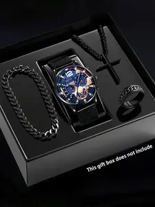 Fashionable and casual business wristwatch+versatile cross steel strap necklace bracelet set