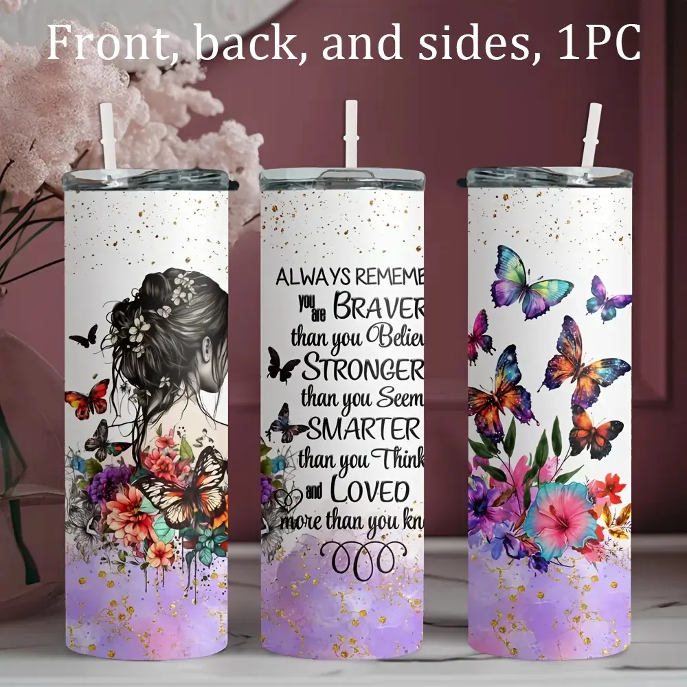 1pc 20oz stainless steel water bottle, printed with a dreamy butterfly girl inspirational quote design straw cup Leak Resistant Tumbler Leakproof Tumbler Drinkware, suitable for fitness, travel, driving, daily use at home, a gift for family and friends