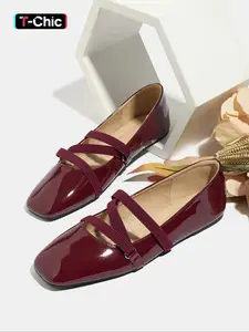 Women's Easy Slip-On Casual Trendy Flat Shoes, Wine PU Leather Square Toe Casual Ballet Flats, All Season Comfortable Wear-Resistant Design