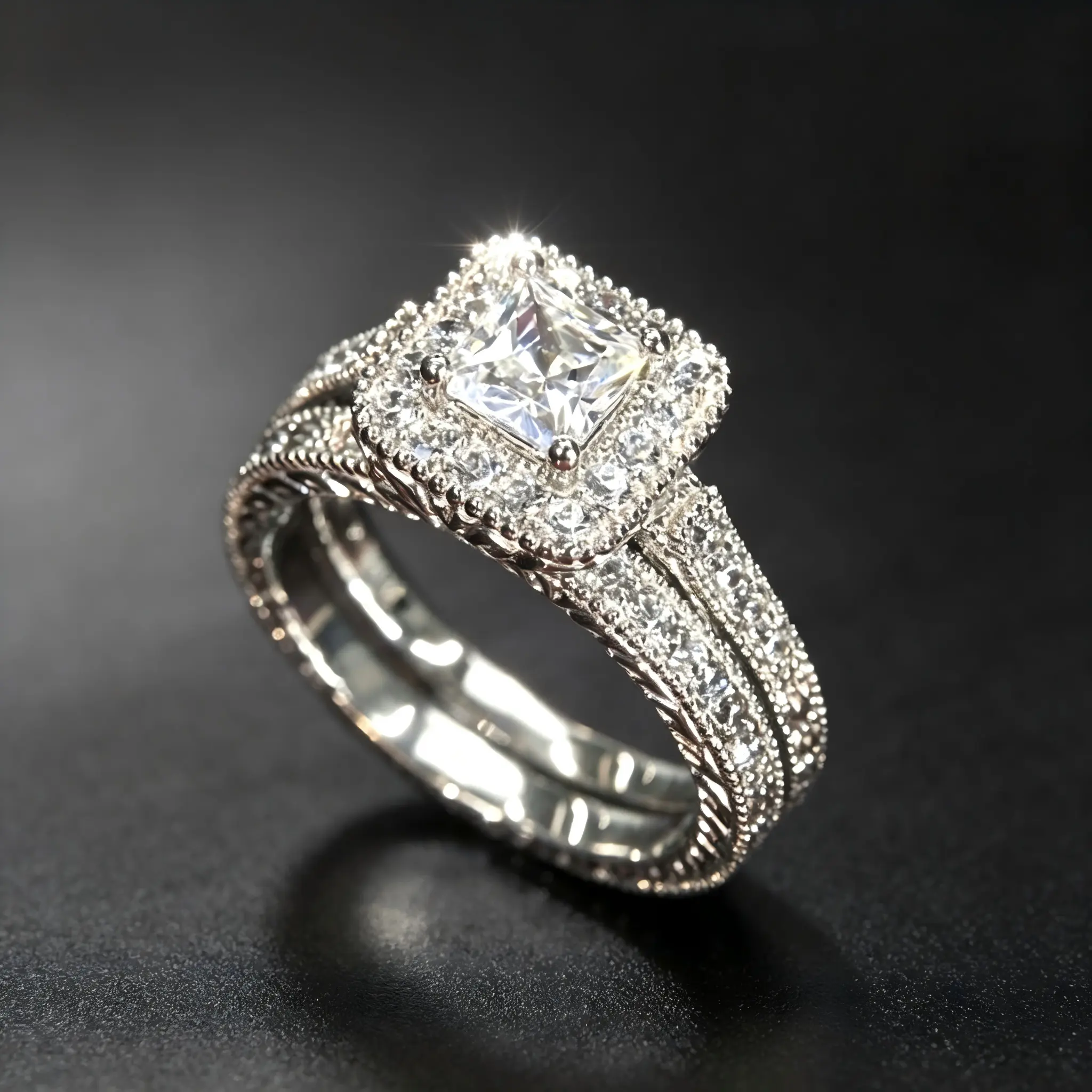 2-Piece Princess Cut Halo Promise Ring Set, Stackable Pave Band Set, Bridal Engagement Rings for Women, Ideal for Bridal, Anniversary & Valentine’s Day Gift Occasions