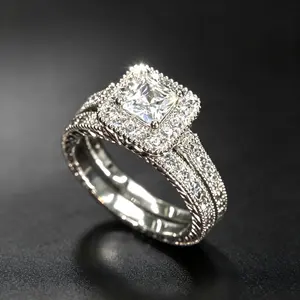 2-Piece Princess Cut Halo Promise Ring Set, Stackable Pave Band Set, Bridal Engagement Rings for Women, Ideal for Bridal, Anniversary & Valentine’s Day Gift Occasions