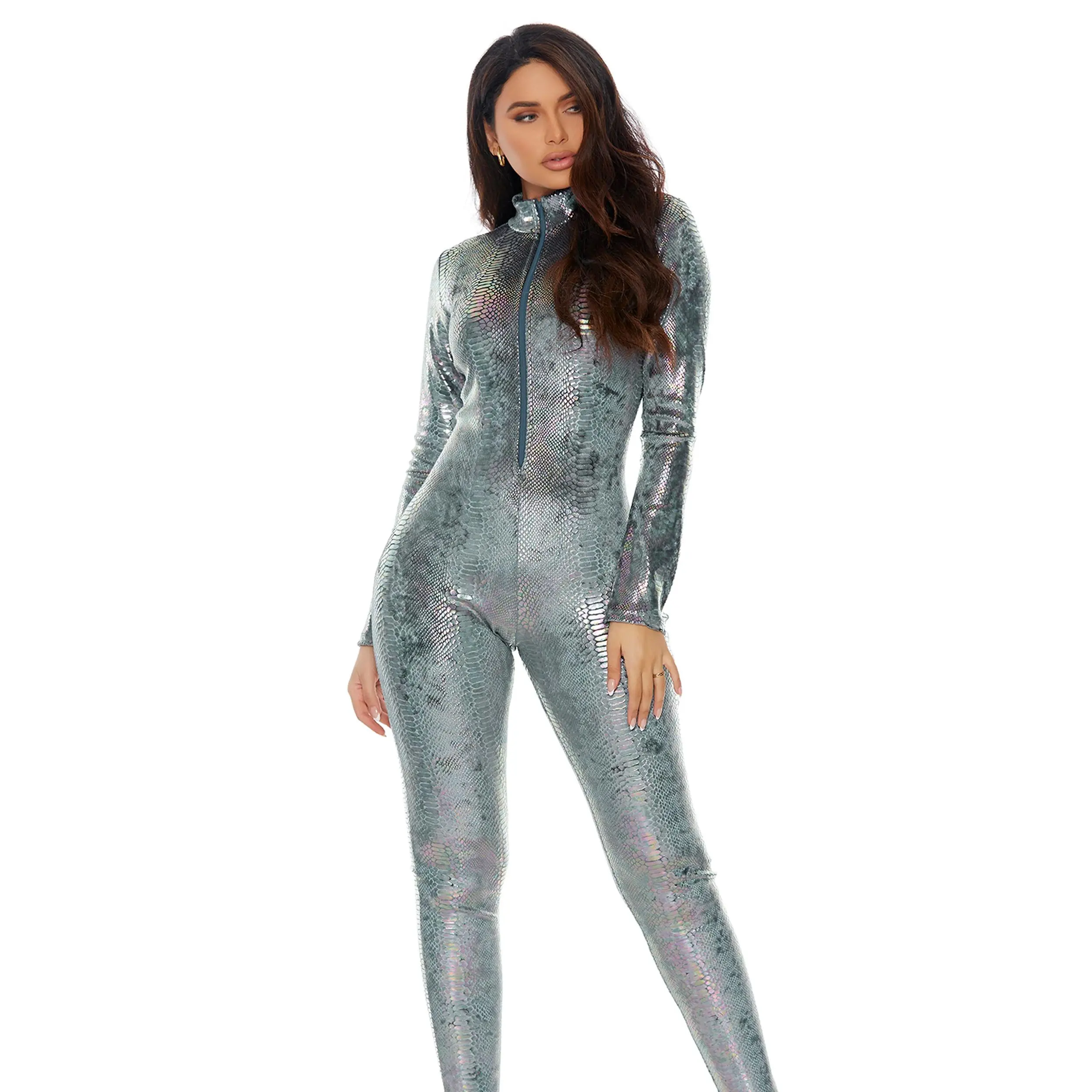 Charcoal Zip Front Reptile Women Jumpsuit Costume – Snake Bodysuit Halloween Outfit
