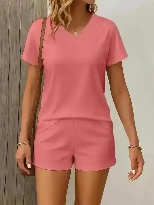 Two-piece Set Women's Solid Color V Neck Tee & Shorts, Basic Casual Short Sleeve T-shirt & for Spring & Fall, Ladies Clothes Daily Wear, Pajama, Womenswear, Coord Set, Cozy, Versatile, Comfort, Style, Outfit