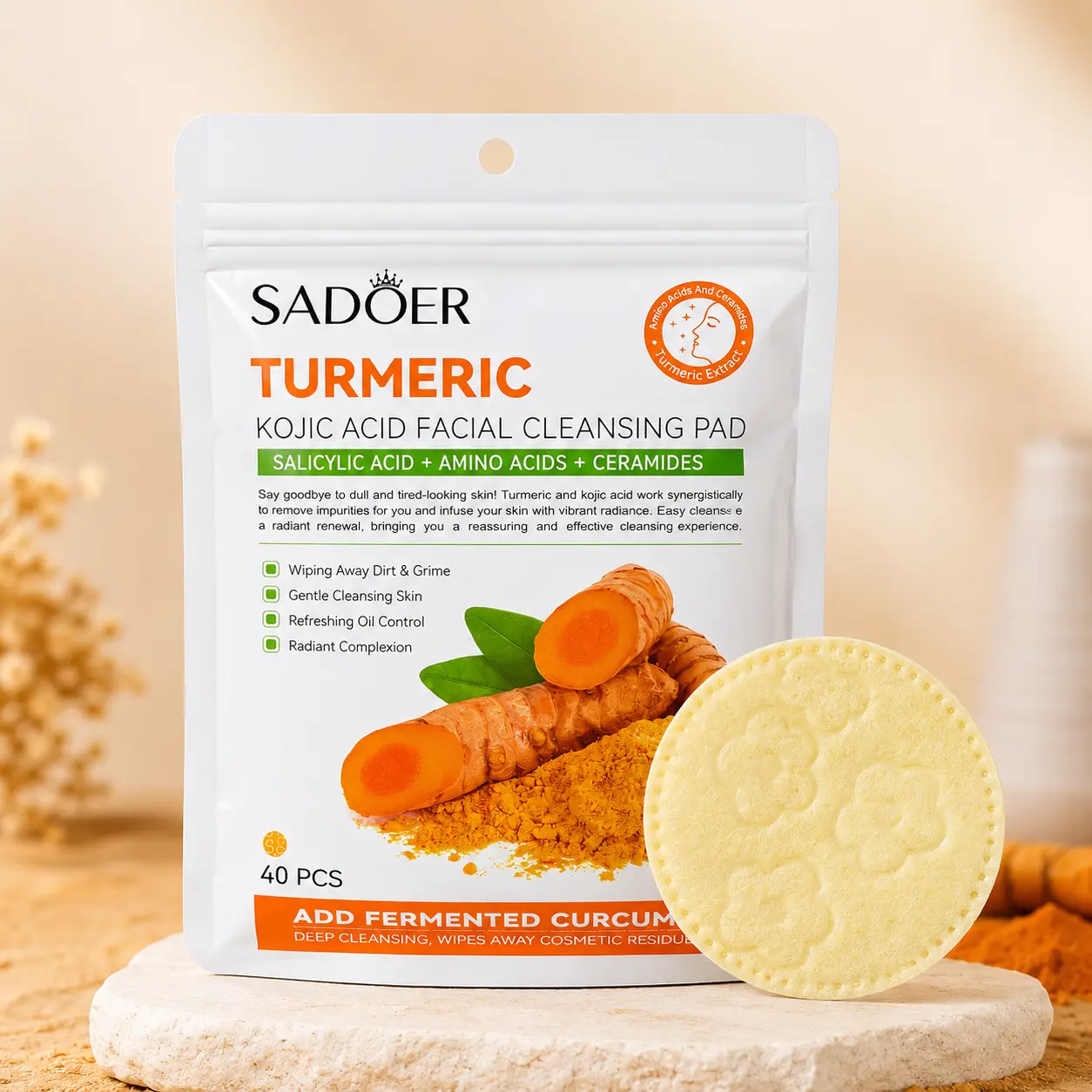 Turmeric Kojic Acid Facial Cleansing Pads, 40 ct Soft Round Face Wipes with Salicylic Acid, Amino Acids & Ceramides for Daily Oil & Dirt Cleansing
