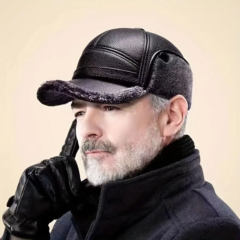 Men's Synthetic Duckbill Hat - Winter Street Style Cap with Faux Leather Ear Warmers for Outdoor Leisure, Duckbill Cap Adds Sporty Street Edge, Sport‑Ready Style