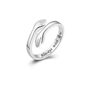 Silver Hugging Hands Couple Rings, Creative Adjustable Design
