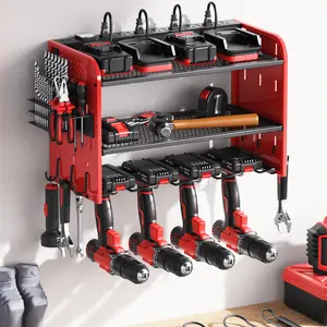 Modular Power Tool Organizer Wall Mount with Charging Station. Garage 4 Drill Storage Shelf with Hooks, Screwdriver, Drill Bit Heavy Duty Rack, Tool Battery Holder Built in 8 Outlet Power Strip