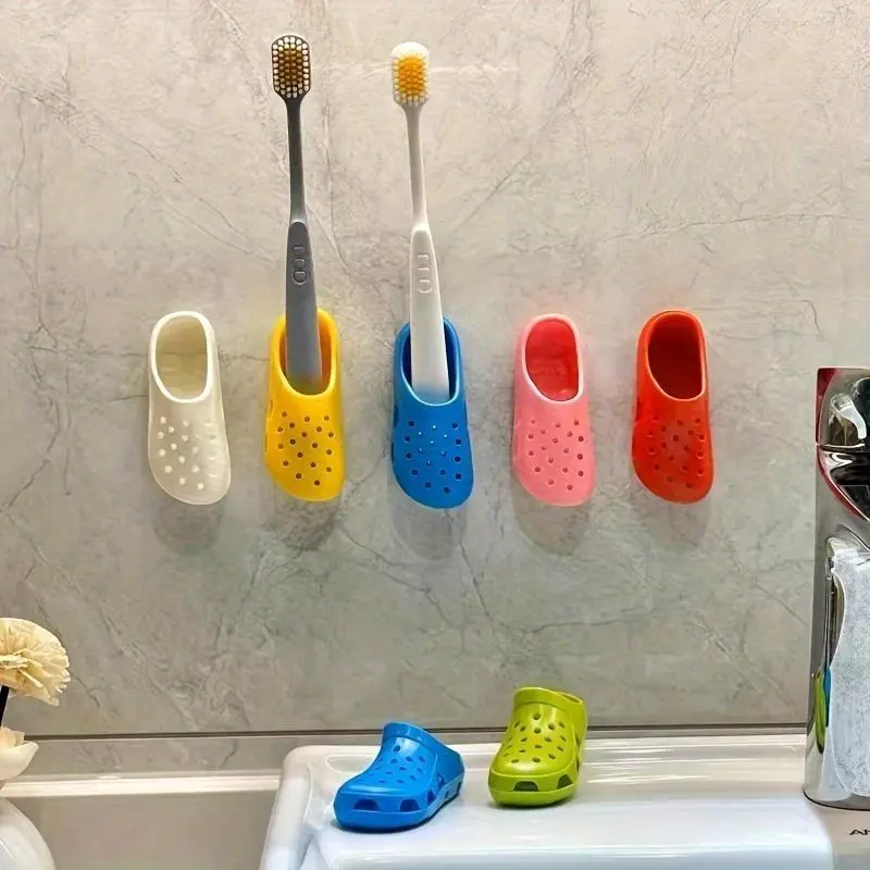 Three Colorful Wall-Mounted Toothbrush Holders, Space-Saving Shoe Design, No-Drill Plastic Bathroom Toothbrush Storage, Toothbrush Organizer, No Electricity Required, Toothbrush Rack with Adhesive Strip