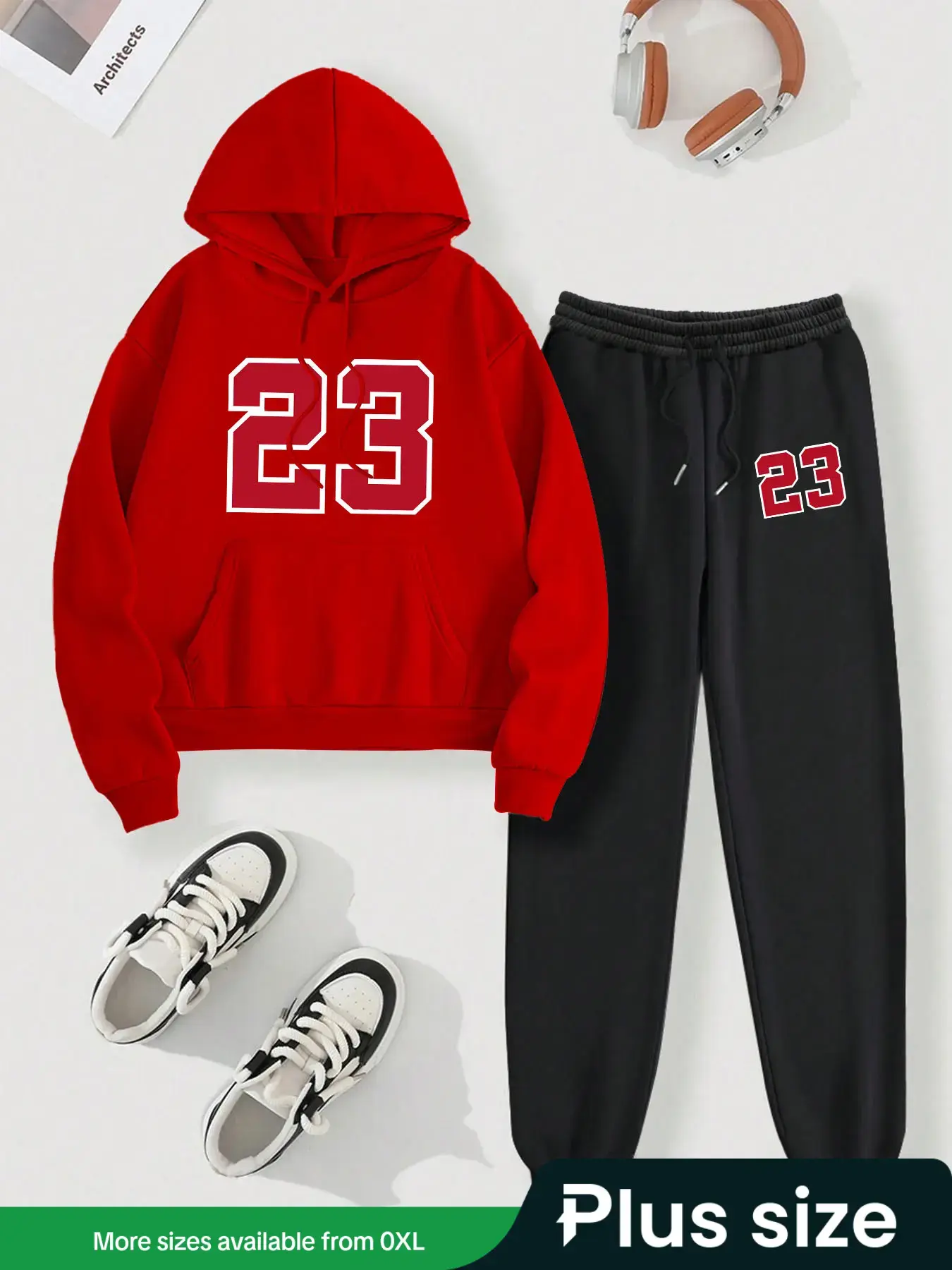 【Plus Size】 Figure Print Hoodie & Sweatpants Set, Matching Clothing Set, graphic print set, Casual Fashion Set, Casual Long Sleeve Hooded Sweatshirt & Jogger Pants, Women's Fall & Winter Clothes for Daily Wear