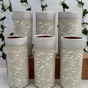 Barro White/White Talavera Design Terracotta Tumblers 6pc Handmade Reusable Ceramic with Handle, Multiuse for Hot & Cold Drinks, Lead Free - Washable, Retro