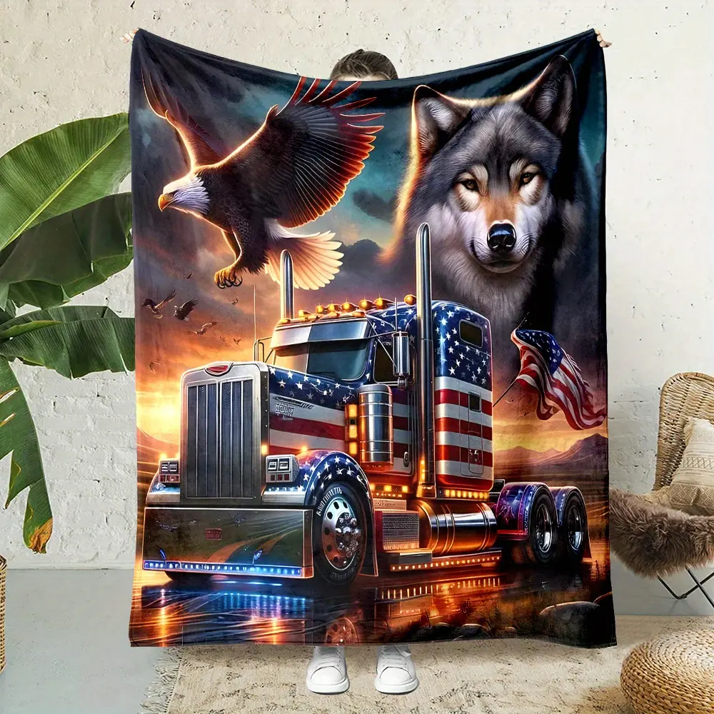 Flannel Blanket with Eagle & Wolf Truck Design - Soft, Warm, and Reversible for Bed, Sofa, Camping | Machine Washable | Multiple big fluffy blanket cooling blanket heated blankets