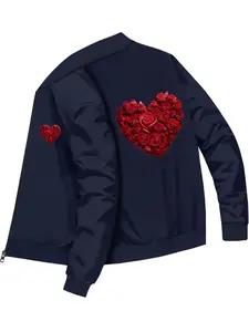 Fashion Trendy Unisex Rose Heart Pattern Printed Baseball Jacket for Daily Casual Streetwear and Outings