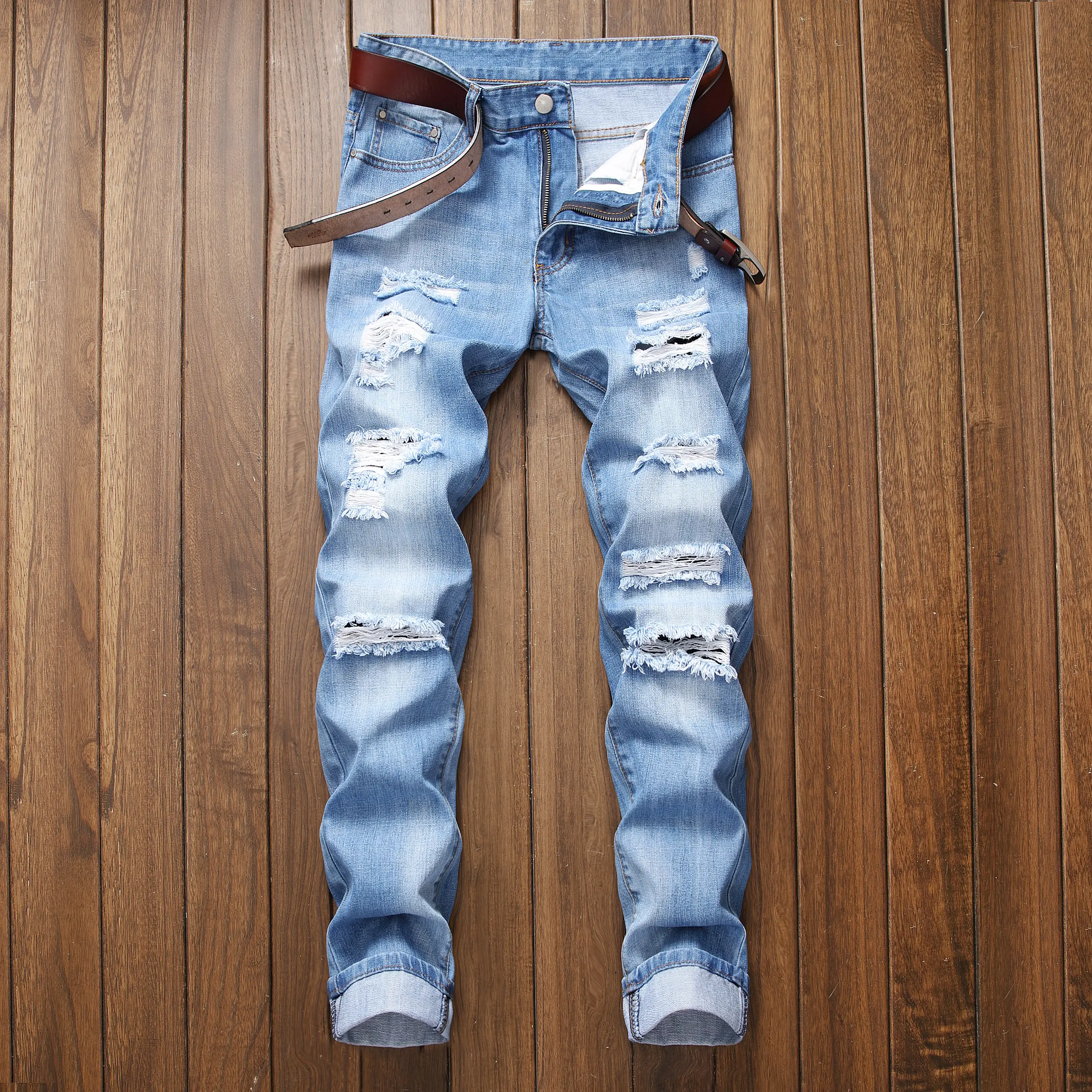 Men's Mid Waist Light Blue Cotton Denim Slim-Fitting Ripped Street Jeans, All Season Casual Tattered Pants