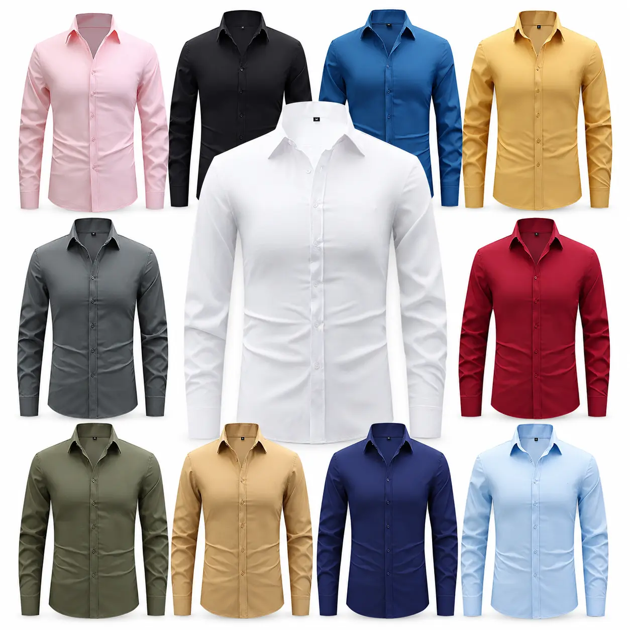 Men's 2-Pack Classic Slim-Fit Long Sleeve Solid Dress Shirts - Menswear, Smooth Wrinkle-Resistant Polyester-Spandex Blend, Button-Up, Cuffed Sleeves, 3D Cutting, Business/Casual Elegant Tops