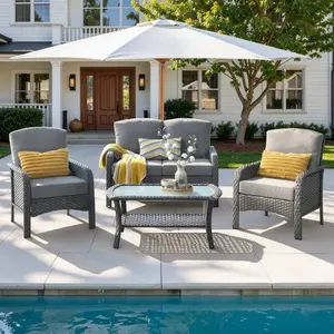 【Summer Vibes】Ovios 4-Piece Outdoor Patio Furniture Set, High Back Grey Wicker Sofa Set with Cushions and Coffee Table, All-Weather Conversation Set for Backyard Porch Deck Garden Balcony Seating Furniture