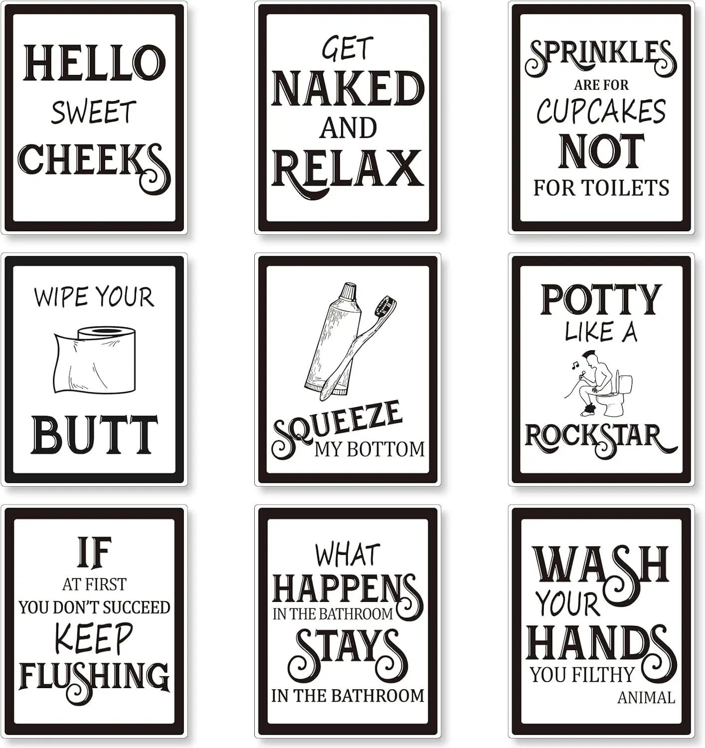 9 Pieces Bathroom Wall Decor, Funny Vintage Bathroom Signs Washroom Quotes Sayings Art Prints Washroom Posters for Wall Restroom Toilet Decoration Pictures, Unframed(Black Font)