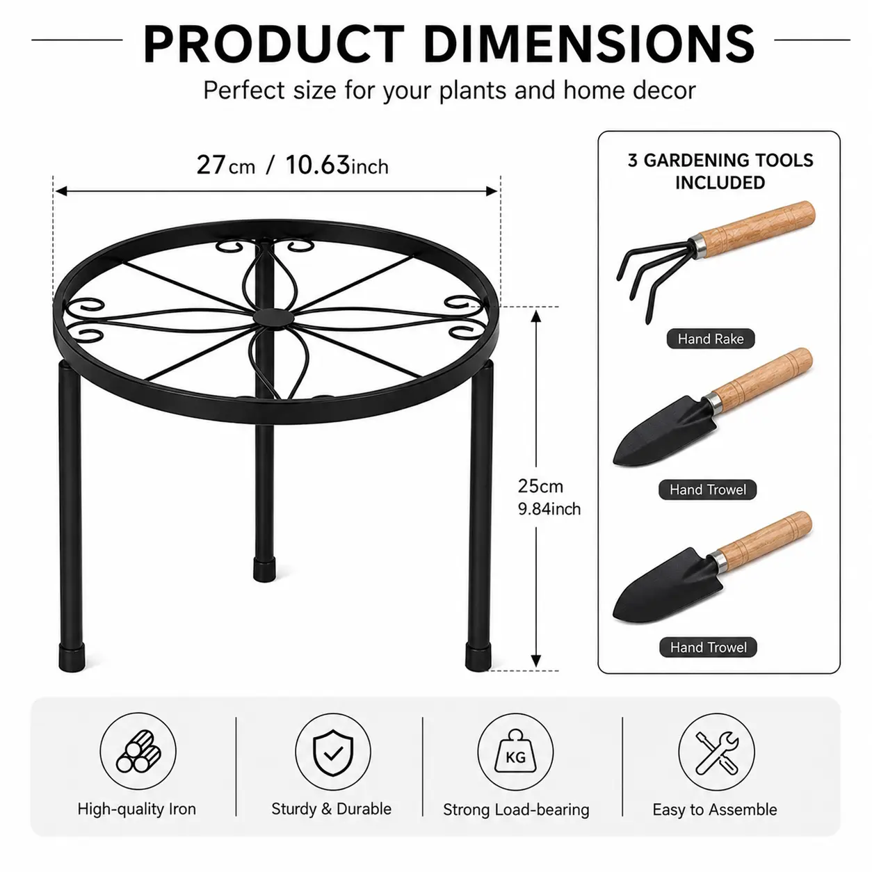 Round Metal Plant Stand for Indoor Plants, Black Flower Pot Holder with Raised Edge, Heavy Duty Iron Plant Shelf for Living Room Porch Balcony Garden