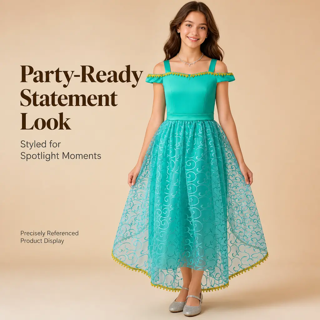 Girls' Turquoise Arabian Princess Costume - Long Flowy Tulle Maxi Dress with Yellow Pom-Pom Edge, Big Kids' Halloween Role-Play Outfit