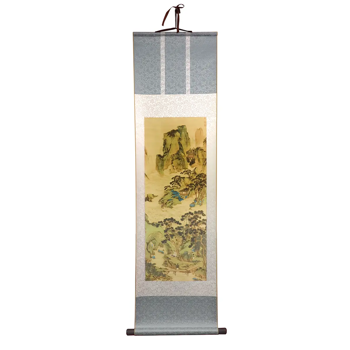 Chinese Wall Scroll of Qiu Ying's 'Jade Cave Immortal Source', a Silk-Like Blue-Green Landscape Painting with Solid Wood Rollers for a Stable Career, Smooth, Mountable, Heaven, Home Decor, Gift Box, Fabric, Room, Traditional, Hanging, Study, Decoration, P