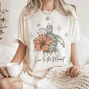 Comfort Colors Live In The Moment Shirt, Sea Turtle Hibiscus Tee, Tropical Ocean Graphic Gift For Beach Lovers