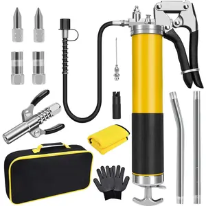 Grease Gun Kit, 7000 PSI Heavy Duty Pistol Grip Grease Gun with 14 oz Capacity, Includes 18 Inch Resin Flex Hose, Double Handle Grease Coupler and Other Accessories, Grease Gun for Automotive, Marine