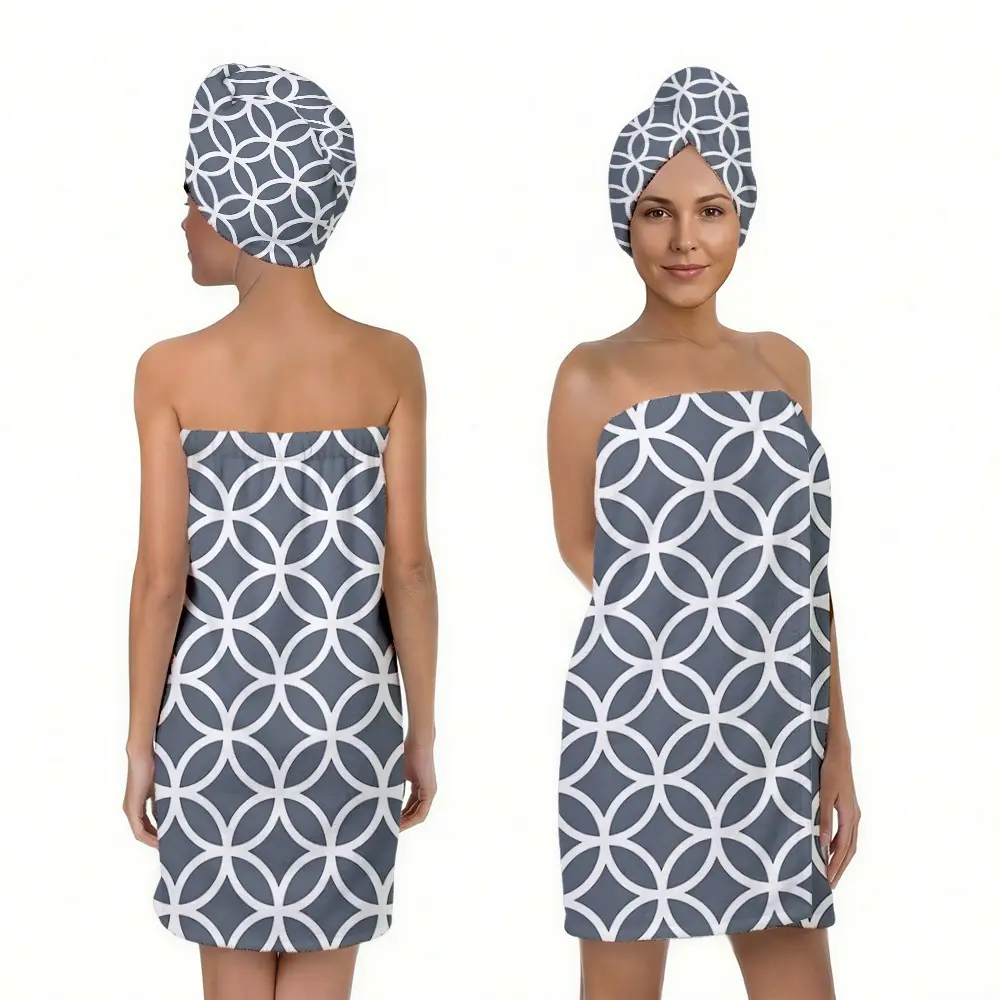 2pcs Geometric Print Bath Towel Set, Adjustable Bath and Hair Dryer Towels, Super Absorbent Microfiber, Multi-Use for Home, Gym, Beach, Travel
