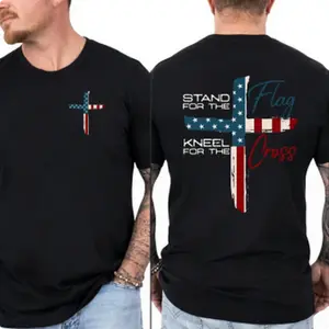 Stand for the Flag Kneel for the Cross T-Shirt for Men – Patriotic Christian Faith Tee, American Flag Cross Graphic Shirt, Conservative Religious Cotton Apparel trendy top
