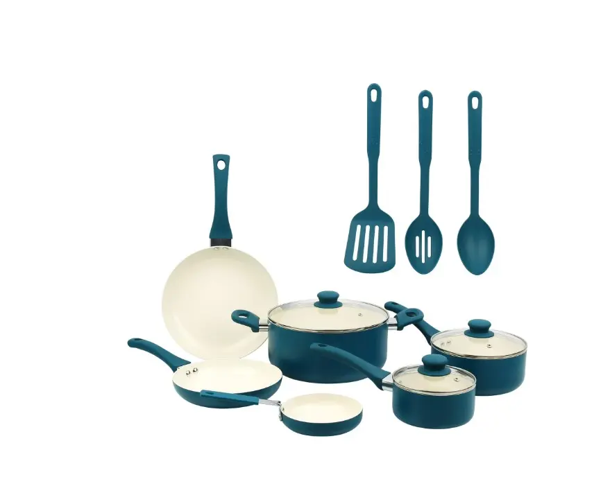Mainstays 12 Piece Ceramic Nonstick Aluminum Pots and Pans Cookware Set, Blue